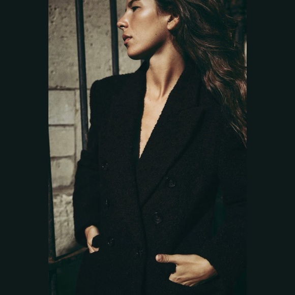NWT ZARA Coat BOUCLE Wool Blend DOUBLE BREASTED Jacket Black L - Picture 2 of 9